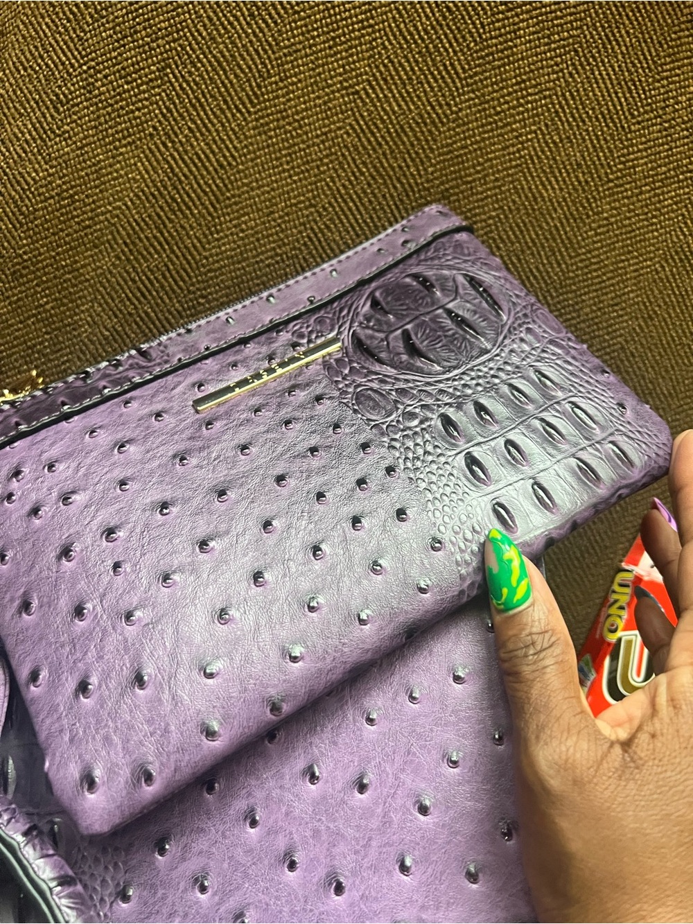 Structured Purple Ostrich-Embossed handbag with Gold Accents - Picture 4 of 6
